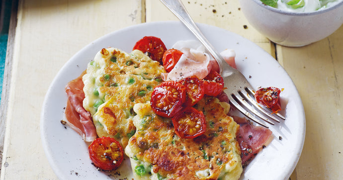 Pea, Basil & Feta Fritters with Roast Tomatoes