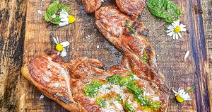 Grilled Lamb Leg Steaks with Chamomile Salsa Verde