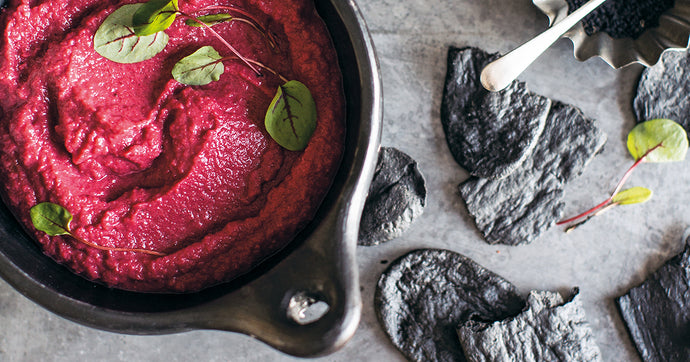 Beetroot Hummus with Squid Ink Crackers