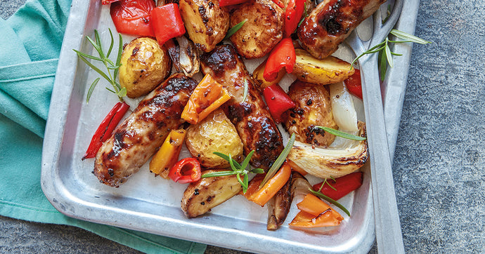 Air-Fryer Honey and Mustard Sausages with Potatoes, Peppers and Onions