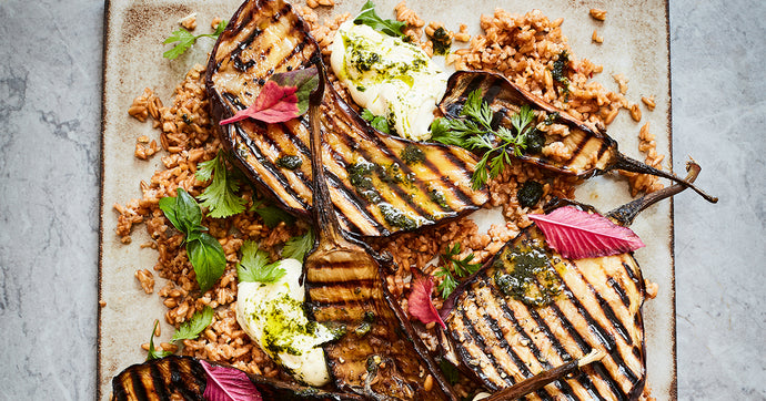 Crushed farro on griddled aubergine with coriander oil